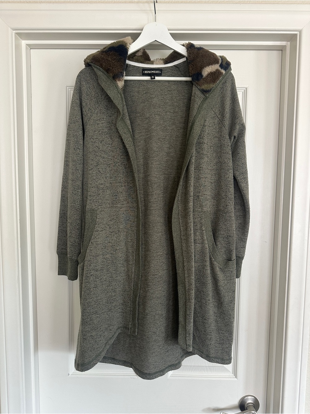 Inspired Hearts Olive Hooded Knit Coatigan with Faux Fur Trim